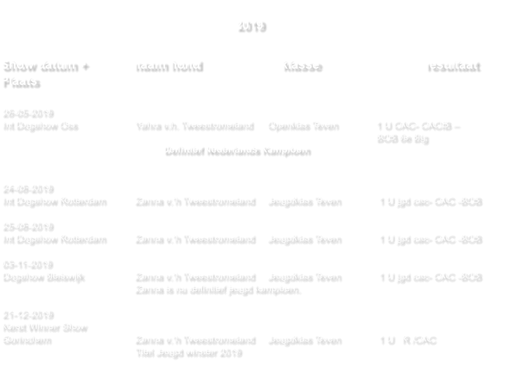 2019   Show datum +    		naam hond                       klasse    				resultaat Plaats  26-05-2019 Int Dogshow Oss			Yahra v.h. Tweestromeland	Openklas Teven              1 U CAC- CACIB –  BOB 6e Big  Defintief Nederlands Kampioen   24-08-2019 Int Dogshow Rotterdam		Zanna v.’h Tweestromeland 	Jeugdklas Teven              1 U jgd cac- CAC -BOB   25-08-2019 Int Dogshow Rotterdam		Zanna v.’h Tweestromeland 	Jeugdklas Teven              1 U jgd cac- CAC -BOB  03-11-2019 Dogshow Bleiswijk		Zanna v.’h Tweestromeland 	Jeugdklas Teven              1 U jgd cac- CAC -BOB Zanna is nu definitief jeugd kampioen.									 21-12-2019 Kerst Winner Show Gorinchem				Zanna v.’h Tweestromeland 	Jeugdklas Teven              1 U   R /CAC  Titel Jeugd winster 2019